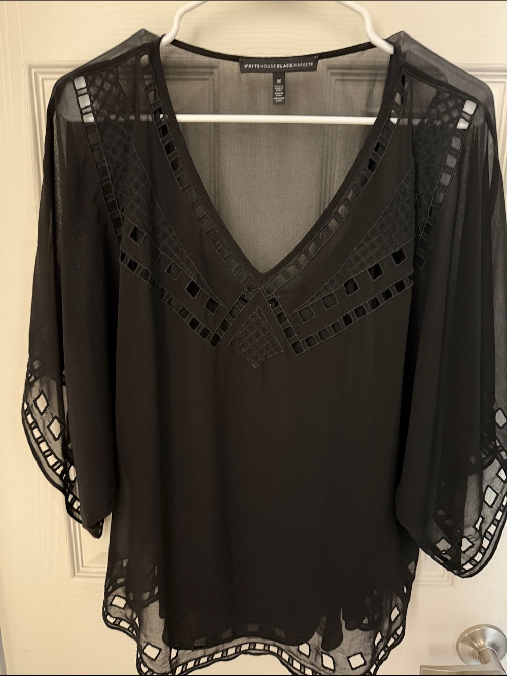 White House Black Market Black Sheer V-Neck Blouse with Geometric Cutouts